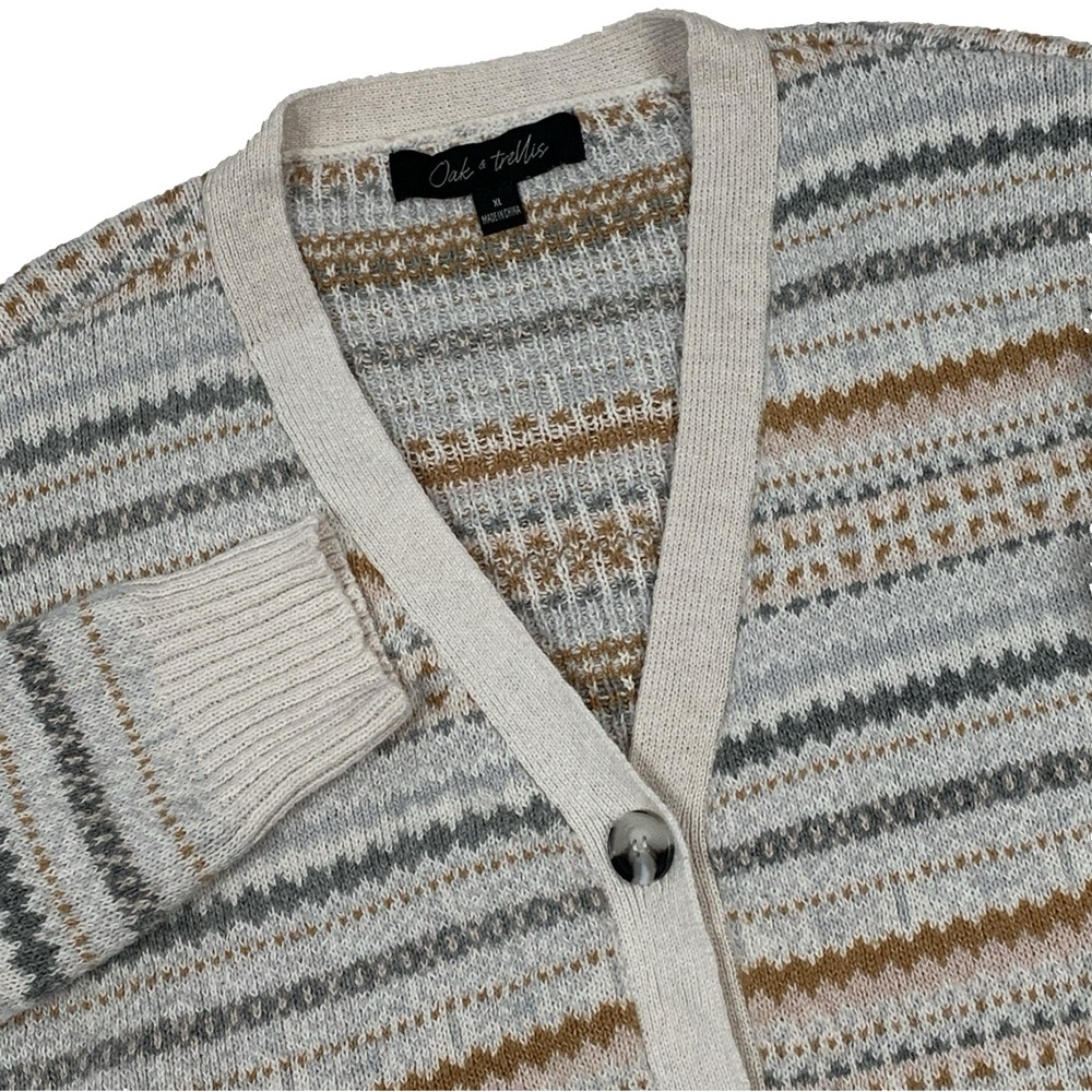 Oak & Trellis Women's XL Fair Isle Cardigan Beige Knit V-Neck Cotton Blend